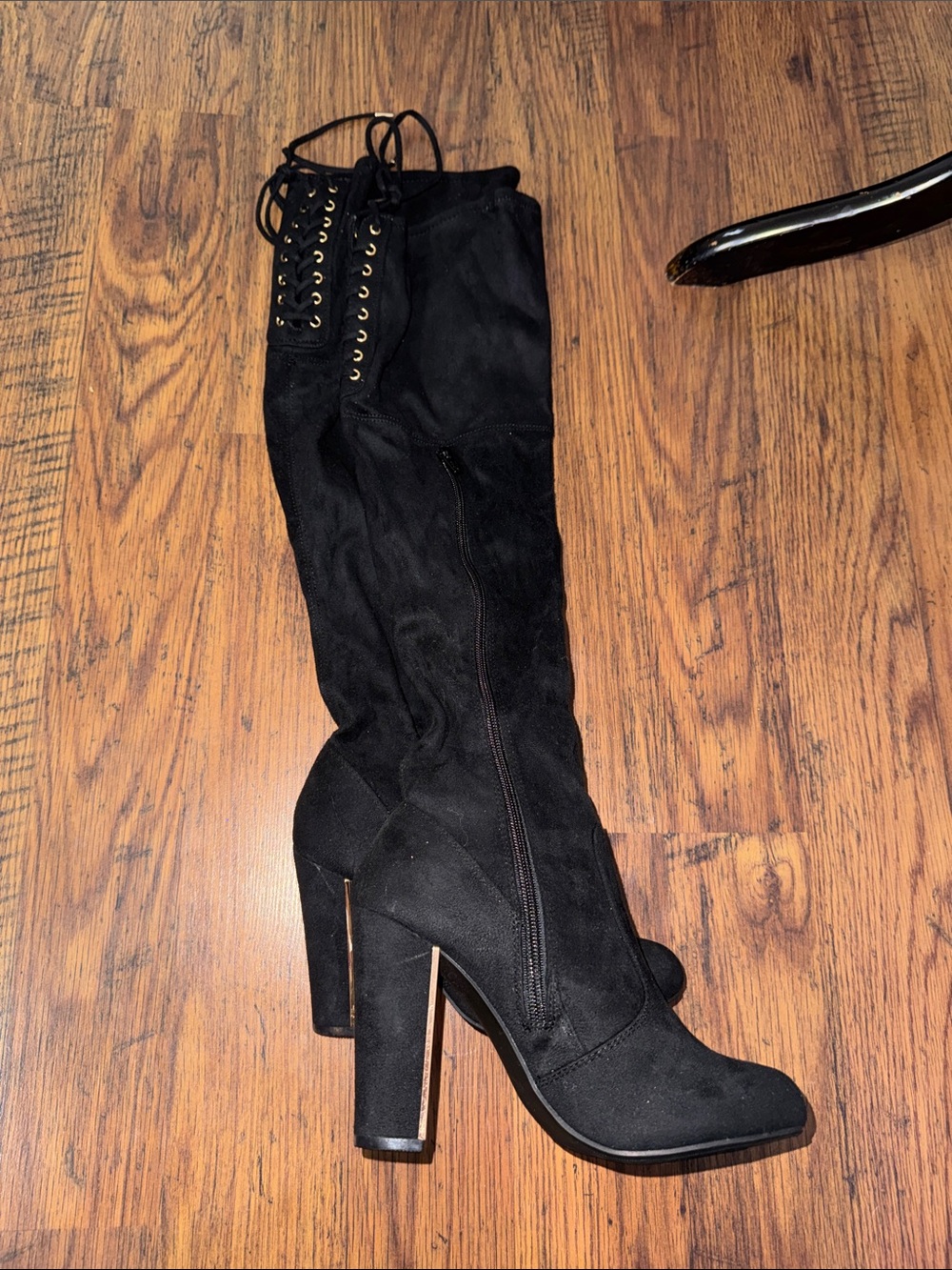 Black Over-the-Knee Lace-Up Block Heel Boots - Women